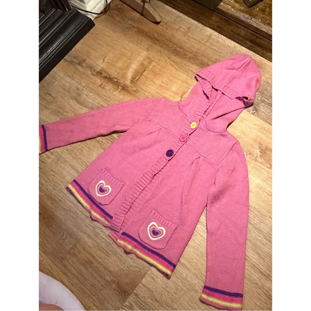 Pink Hooded Knit Button Babydoll Cardigan with Heart Embroidery